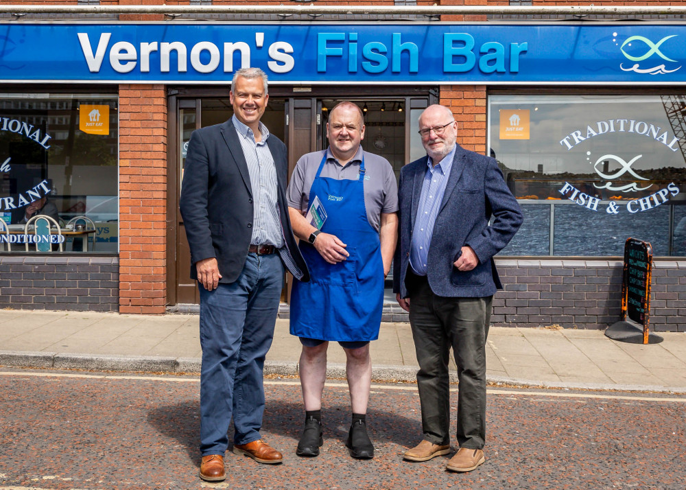 Chamber chief executive, Paul Colman, and business adviser, Richard Weilding, Vernon's Fish Bar owner, Michael Vernon (Jan Roberts).