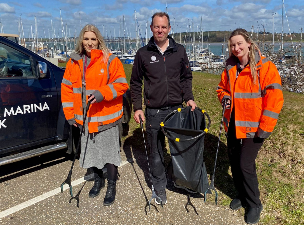 Spring Lodge manager Sinead Lambert, left, lifestyle co-ordinator Vanessa Loose with marina manager Shane Cheshire, launch litter pick