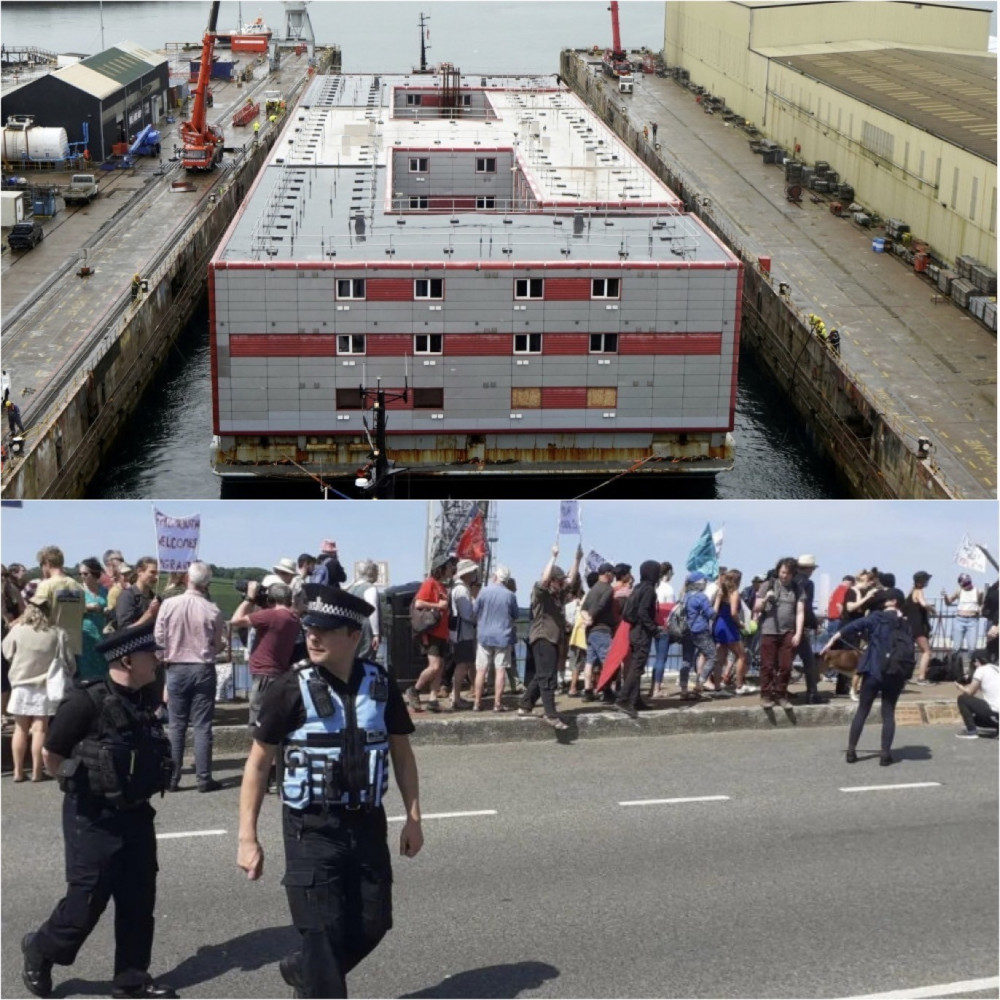 There have been three protests in Falmouth already (Top image: Bibby Stockholm - South West News Service) (Bottom Image: Cornwall Resists) 