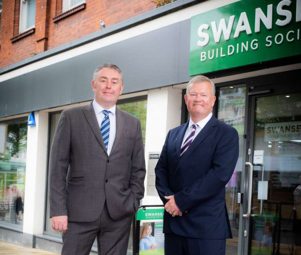 Area manager Richard Miles with Swansea Building Society CEO Alun Williams outside the Swansea branch