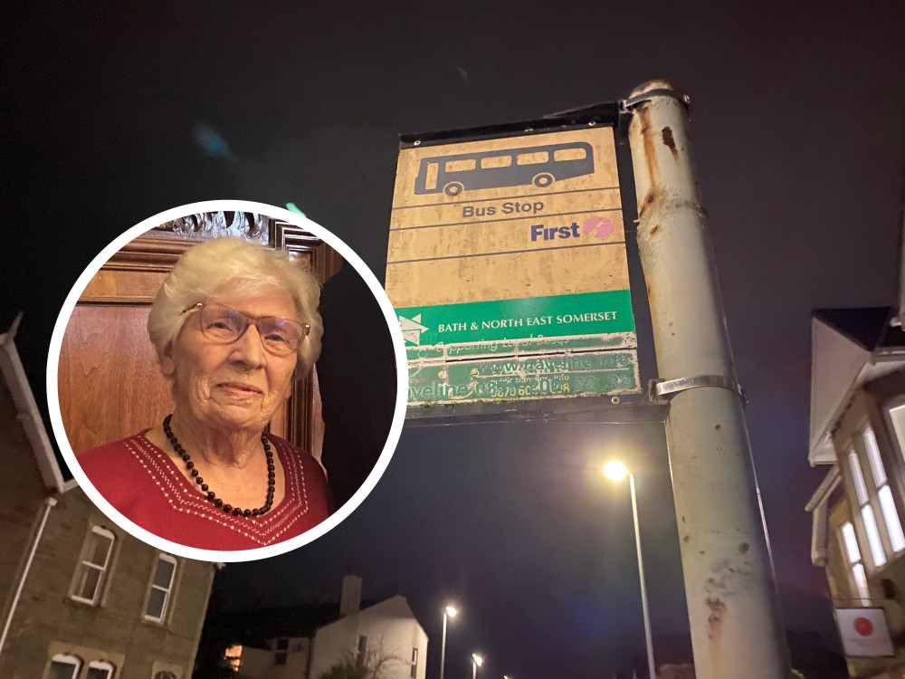 Marion Harrington (inset) and a bus stop sign in Bath and North East Somerset (Image: John Wimperis) - free to use for all partners