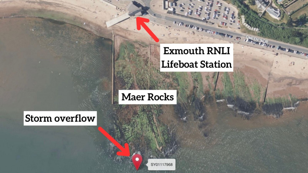 Storm overflow location at Exmouth beach (Apple Maps)