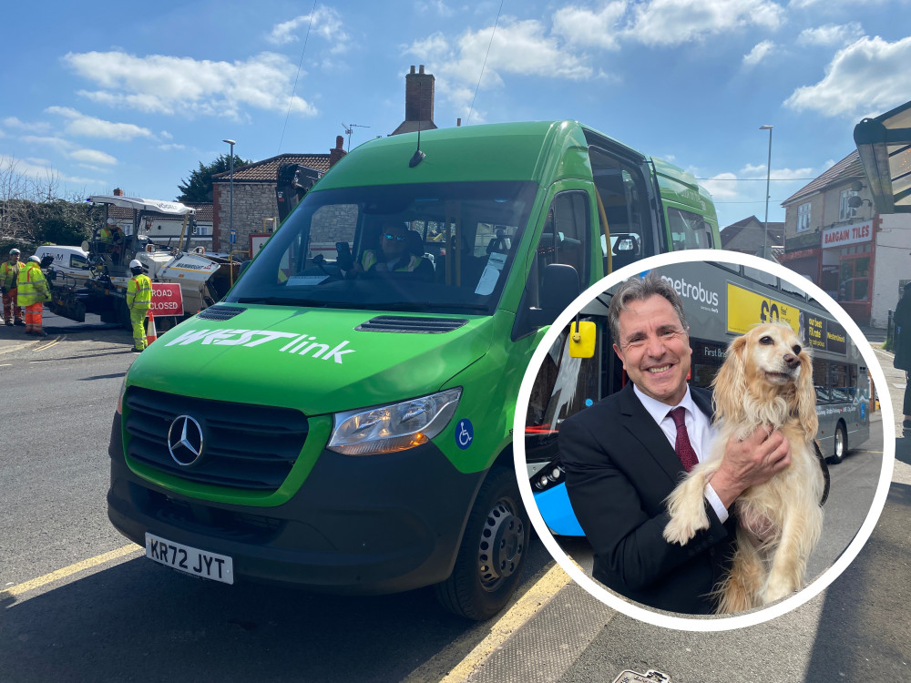 A WESTlink bus with (inset) Metro Mayor Dan Norris and his dog Angel (Image: John Wimperis) - free to use for all partners