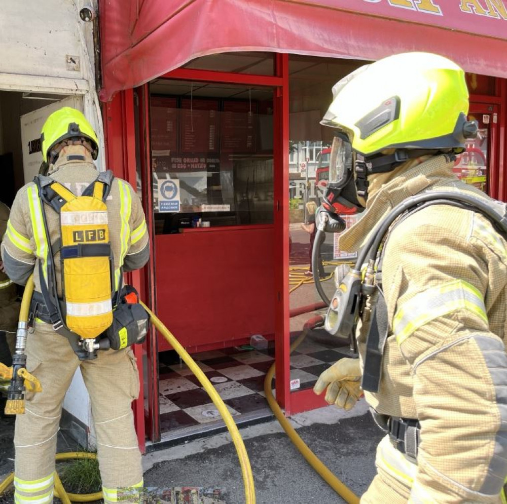 A man has been taken to hospital following a fire at Teddington Fish Bar this afternoon (Credit: LFB)