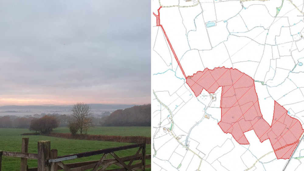 The solar farm will be located in the countryside near Whimple, pictured above (Nub News). R: A planning document for of the solar farm (Image: Planning documents) The solar farm will be located in the countryside near Whimple, pictured above (Nub News). R: A planning document for of the solar farm (Image: Planning documents)