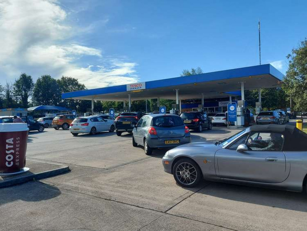 Drivers queue for fuel at Culverhouse Cross Tesco Drivers queue for fuel at Culverhouse Cross Tesco