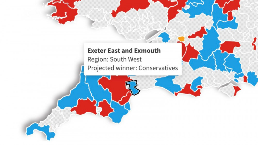 Map shows poll prediction of Conservatives winning Exeter East and Exmouth (Best for Britain)