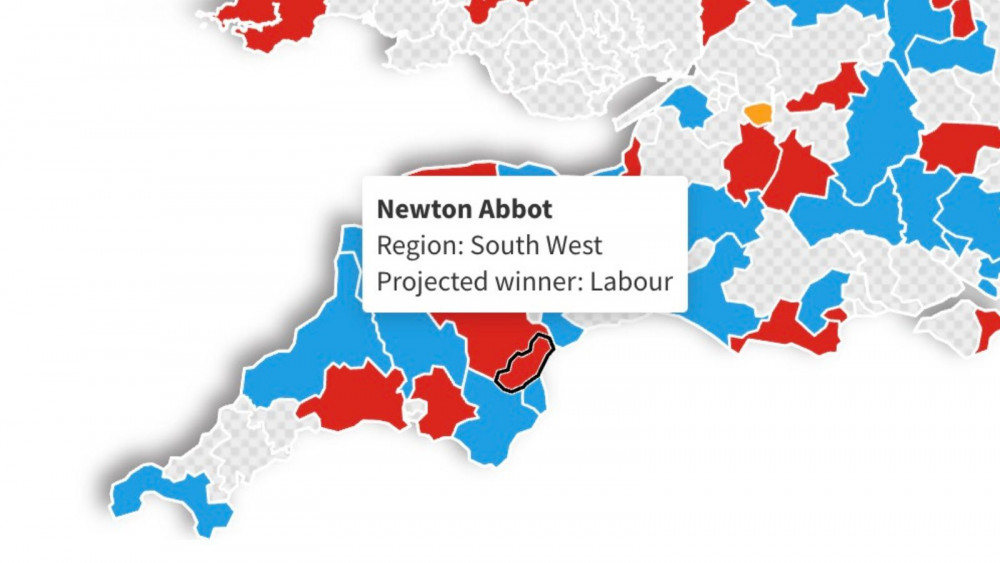 Map shows poll prediction of Labour winning Newton Abbot constituency (Best for Britain)