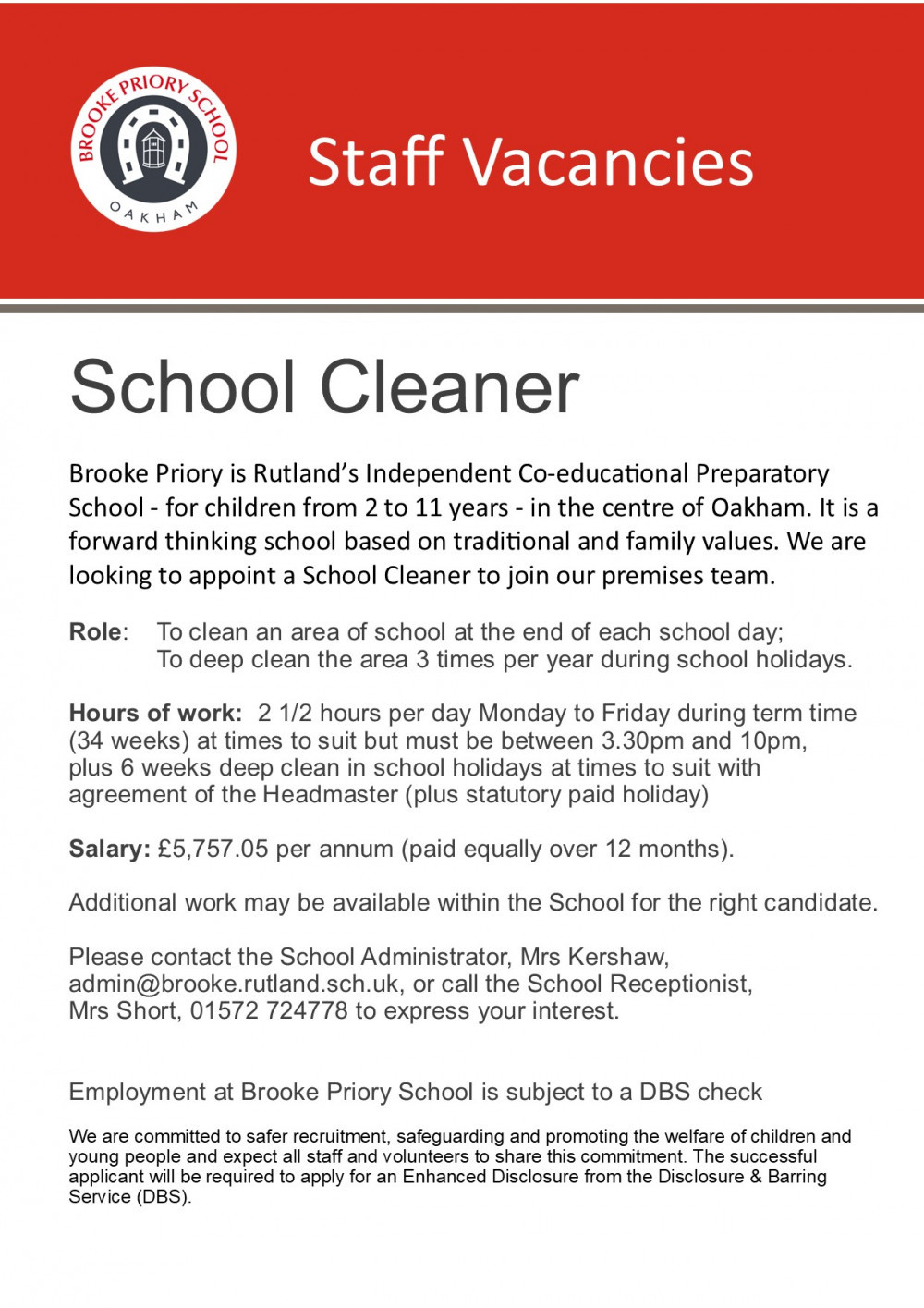 Brooke Priory School are looking for a cleaner to join their team. Image credit: Brooke Priory School. 