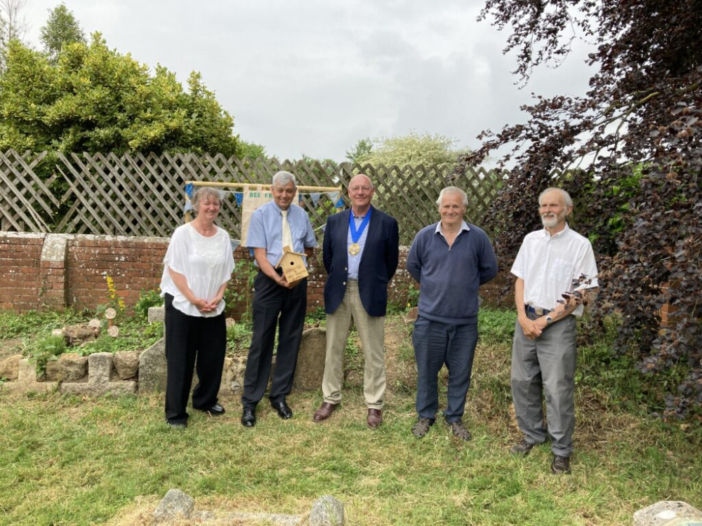 The Mayor of Bridport, Cllr Dave Bolwell, and those involved in creating the bee garden at Bradpole Church The Mayor of Bridport, Cllr Dave Bolwell, and those involved in creating the bee garden at Bradpole Church