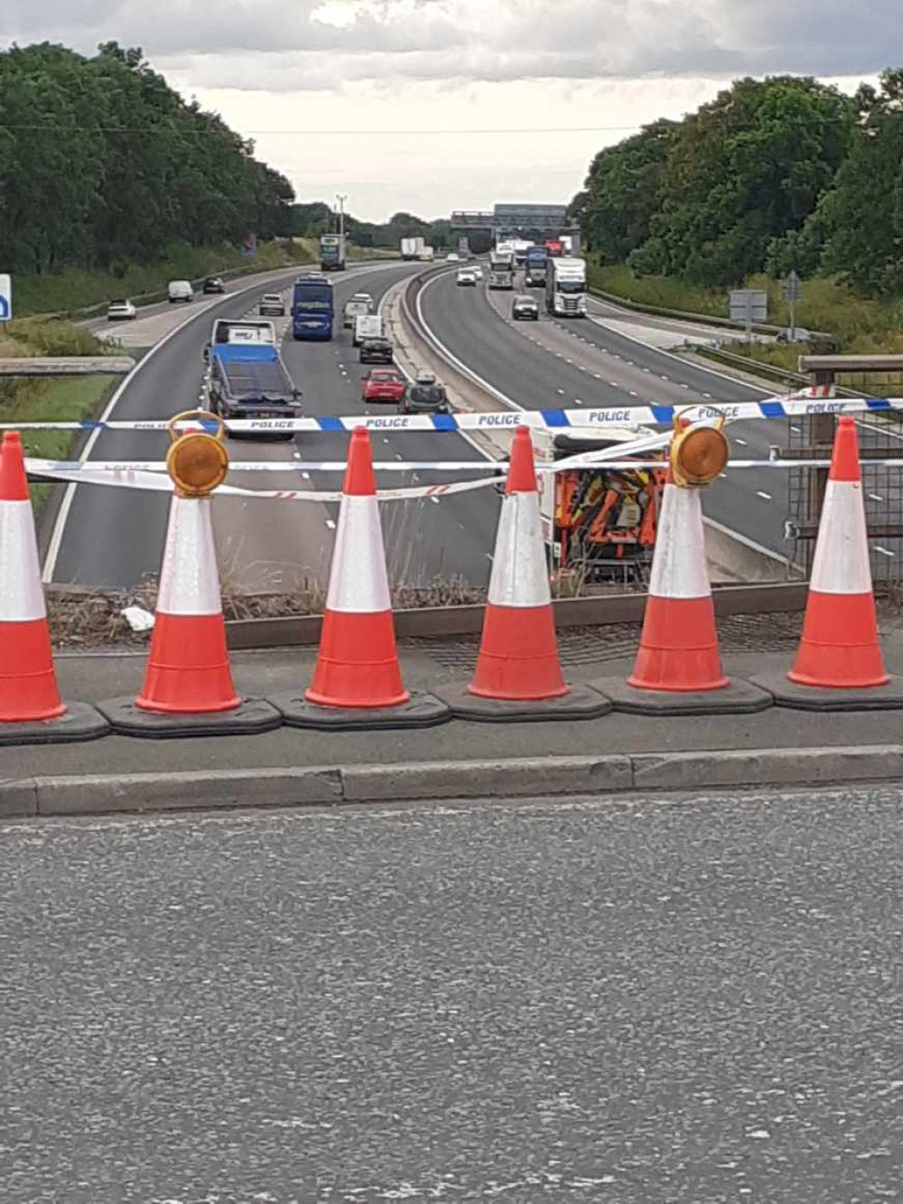 The damage to the bridge after the car fell through the bridge on to the M6 in Sandbach. (Photo: Sandbach Nub News)  