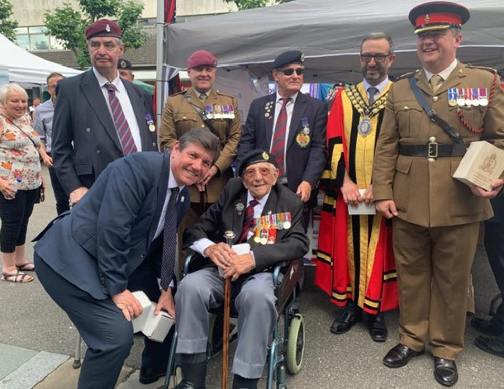 Stephen Metcalfe catches up with Don Sheppard, who is a 103-year-old veteran of the 1944 D-Day Landings, at the Basildon military parade for Armed Forces Day on 24 June