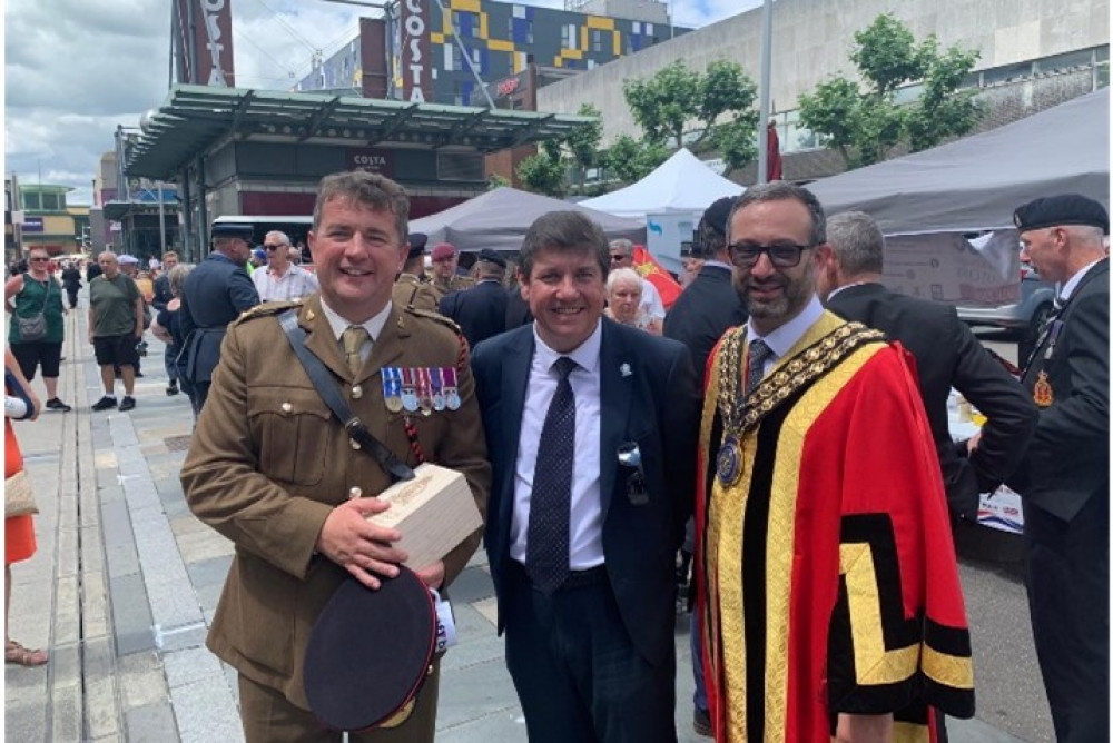 Lieutenant Colonel Ed Rankin, Stephen Metcalfe MP, and Luke Mackenzie, the Mayor of Basildon, at the Basildon military parade.