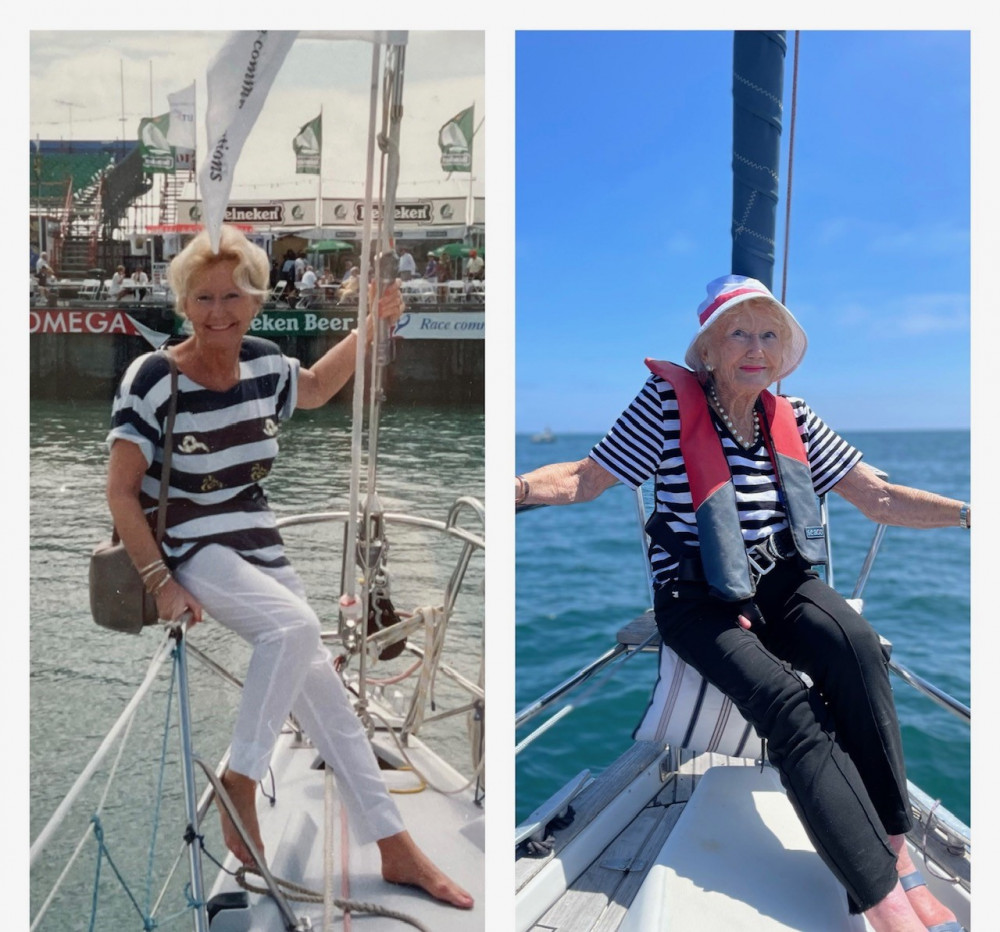 Falmouth care home resident Kay Stevenson-Bromley recreating an old photo of her on yacht. (Image: Falmouth Court Care Home) 