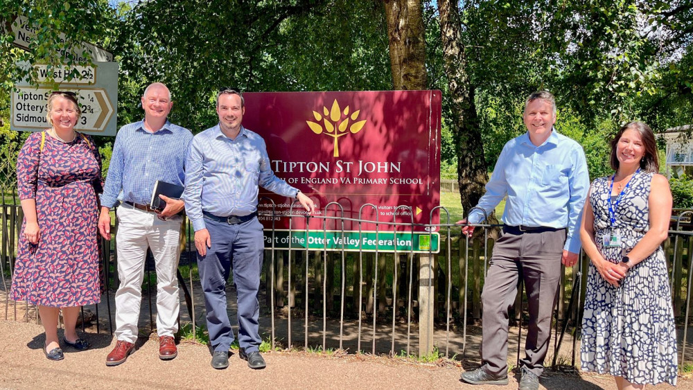 L to R: Sarah Walls, Justinian Marr, Simon Jupp MP, Richard Power and Amanda Fulford outside Tipton St John Primary School (Simon Jupp MP)