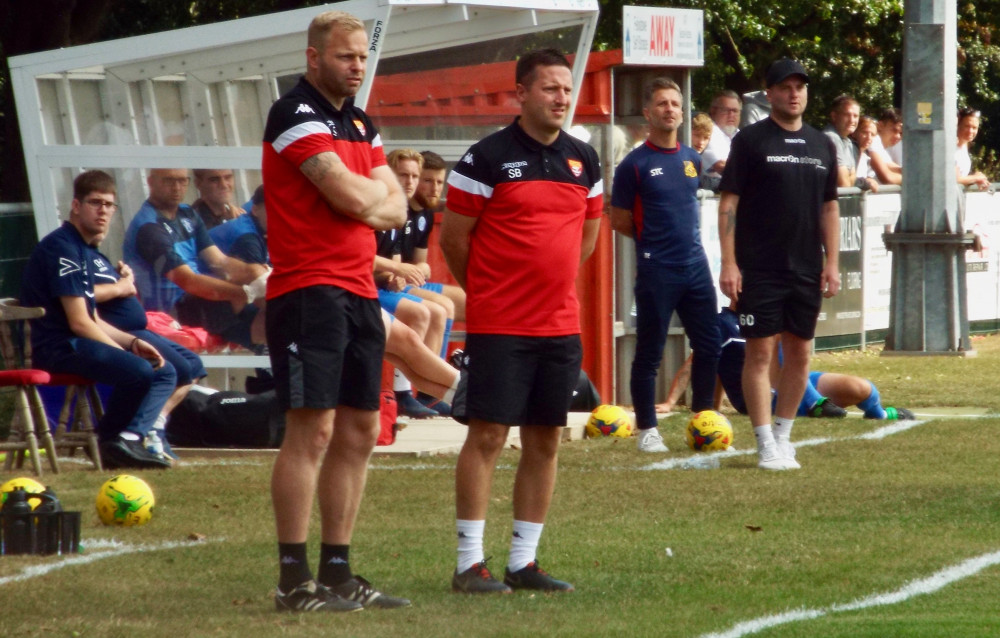 Stuart Boardley in the dug out with Andy Crump (Picture: Nub News)