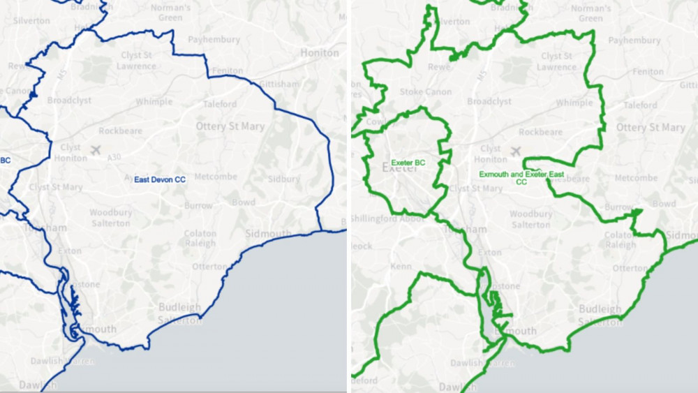 L: Current East Devon seat. R: Proposed new Exmouth and Exeter East seat (BC)