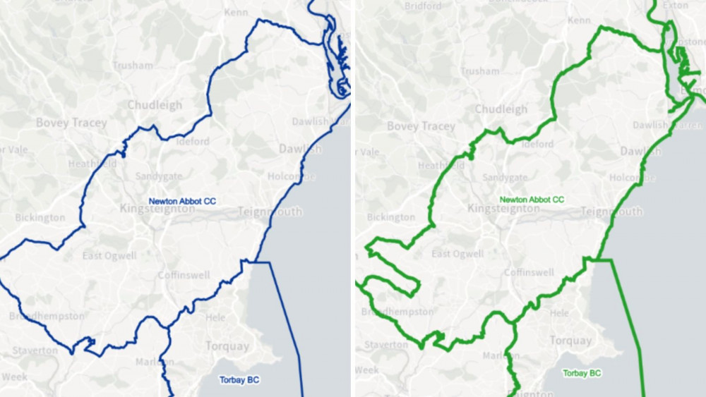 The current Newton Abbot seat, left, will stay broadly the same under new proposals, right (BC)