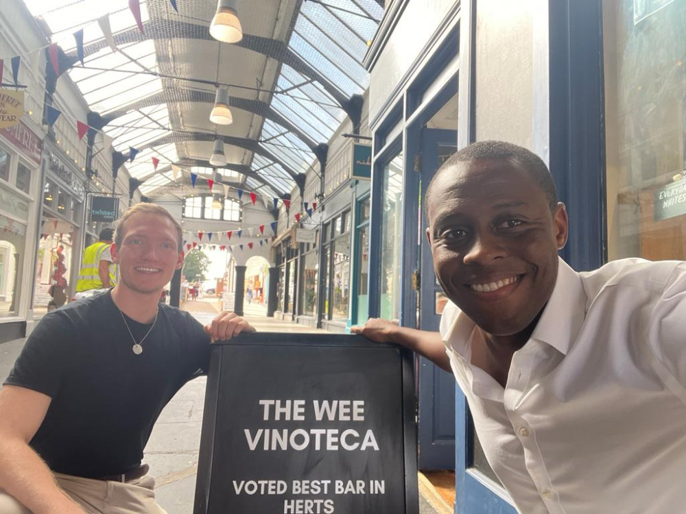 Bim Afolami MP met with staff at The Wee Vinoteca in the Arcade. CREDIT: 