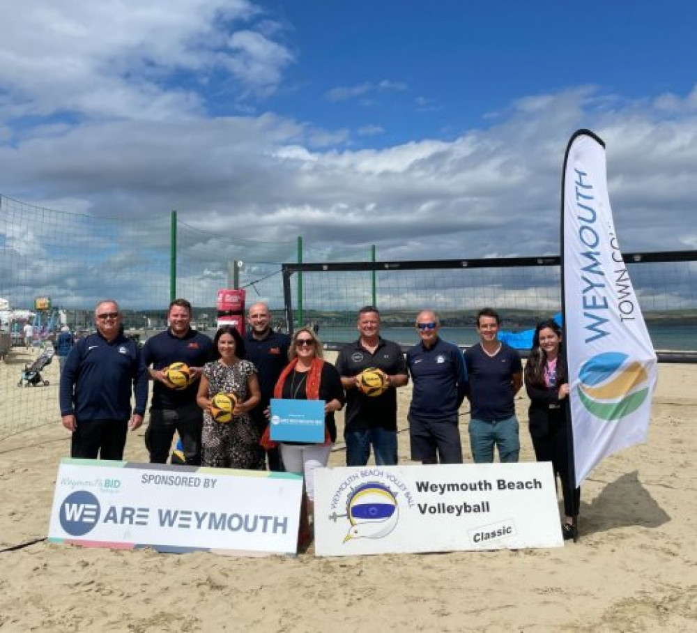 Event director Pete Bennett, Craig Purdy of associate sponsor South Coast traffic management, Cherise Luke-Bennett of Nantes Solicitors, Joe Jupp of South Coast traffic management, Dawn Rondeau of We Are Weymouth, UKBT director Andy Jones, event director Graeme Sawyer, Sports and Activities Champion for WTC Matt Bell, and senior resort officer Charlotte Lidgley-Ryan 