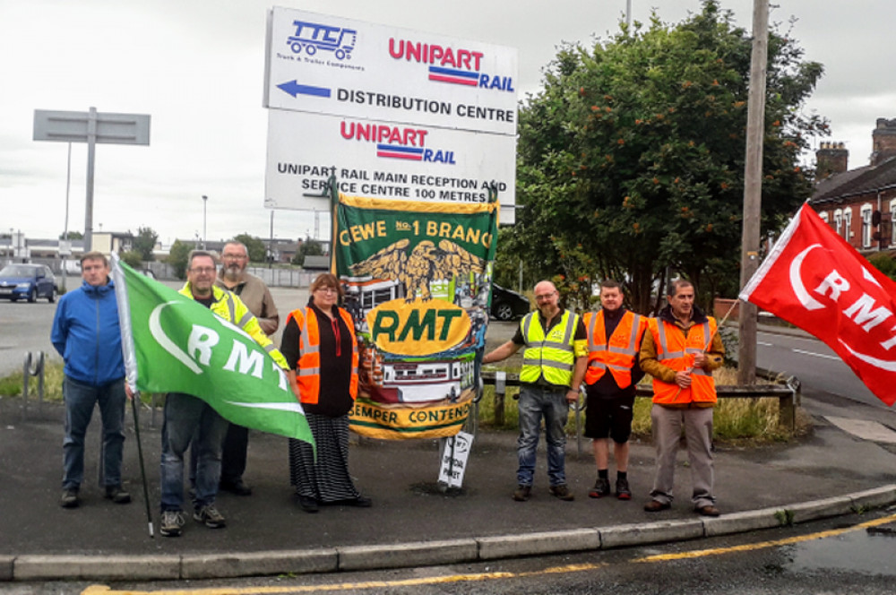 On Wednesday 12 July, workers for Unipart Rail, Gresty Road, went on strike, campaigning close to Crewe Alexandra Football Club (RMT). On Wednesday 12 July, workers for Unipart Rail, Gresty Road, went on strike, campaigning close to Crewe Alexandra Football Club (RMT).
