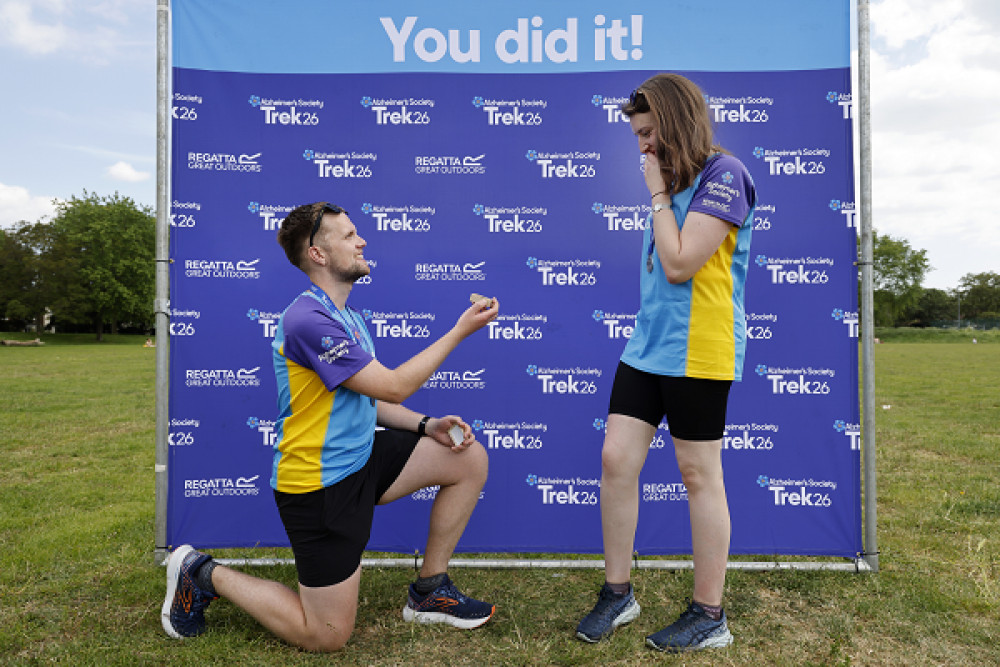 29-year-old Thomas Cruxton, from Stoke-on-Trent, proposed to his girlfriend after completing a charity walk in memory of his late father (Alzheimer's Society).