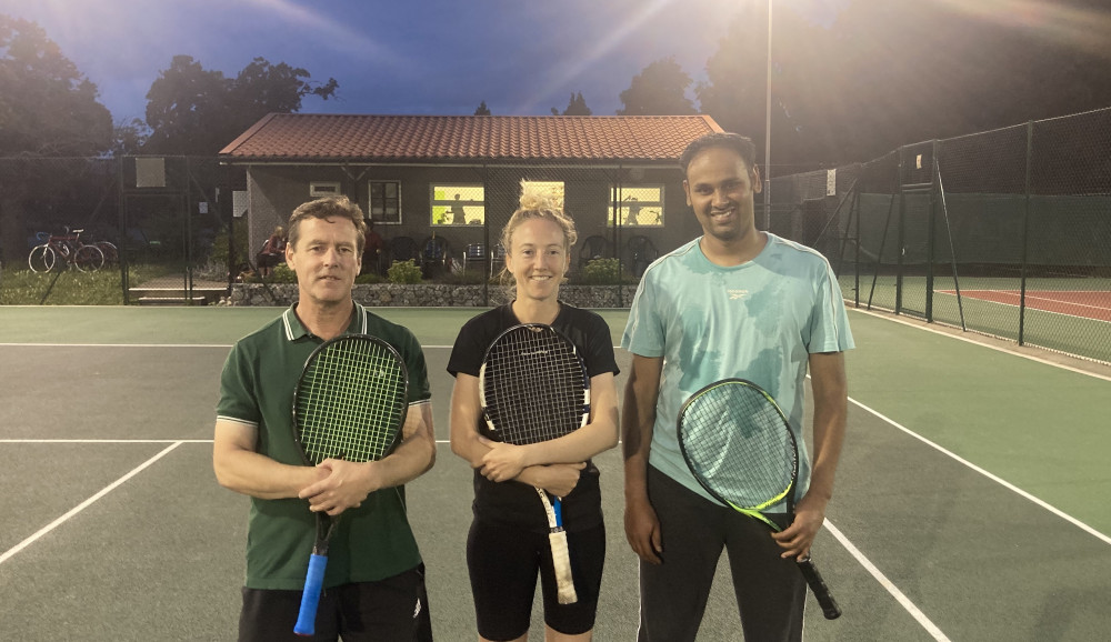 Champions! Hitchin Tennis Club's victorious title-winning fourth team. PICTURED: Stephen Pond, Sophie Adams and Ram Sridharan. CREDIT: Hitchin Tennis Club Champions! Hitchin Tennis Club's victorious title-winning fourth team. PICTURED: Stephen Pond, Sophie Adams and Ram Sridharan. CREDIT: Hitchin Tennis Club