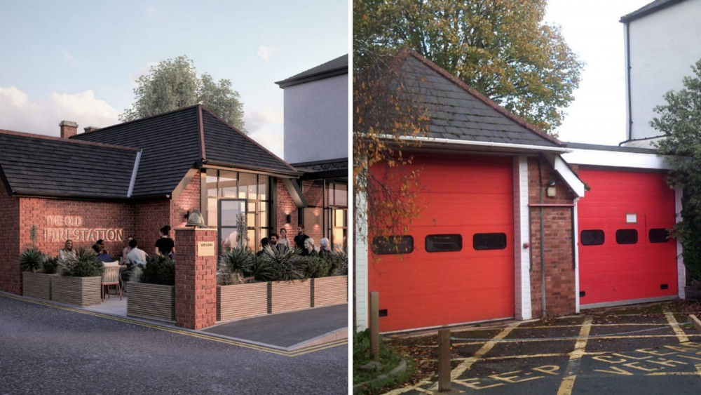 L: CGI of proposal. R: Topsham fire station currently (Planning documents)