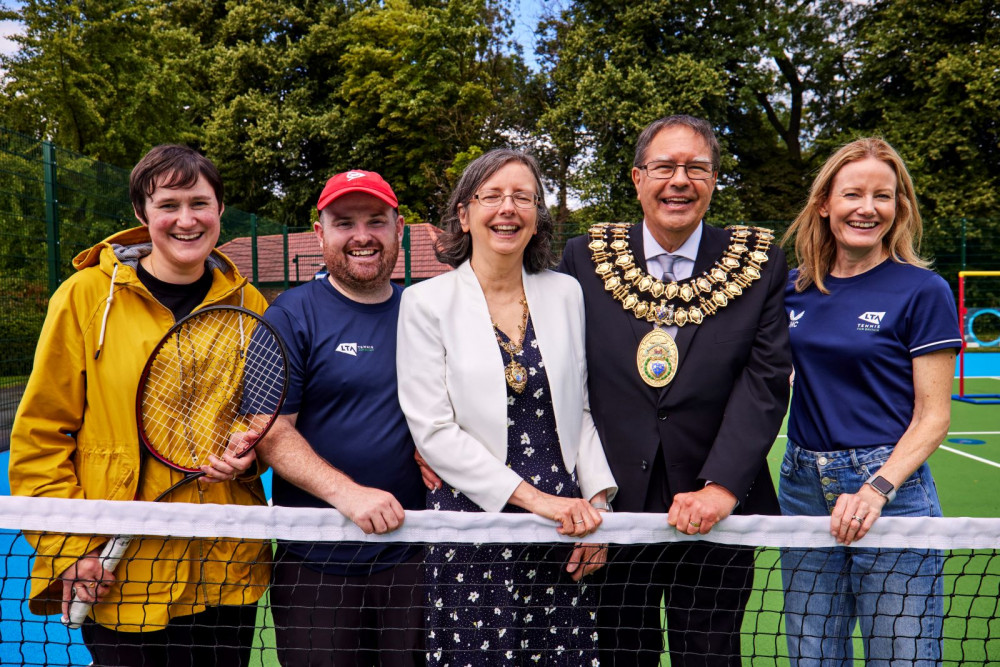 Mayor of Stockport Cllr Graham Greenalgh and Grace Baynham were among the attendees at the re-opening ceremony for the Torkington Park tennis courts (Image - Stockport Council)