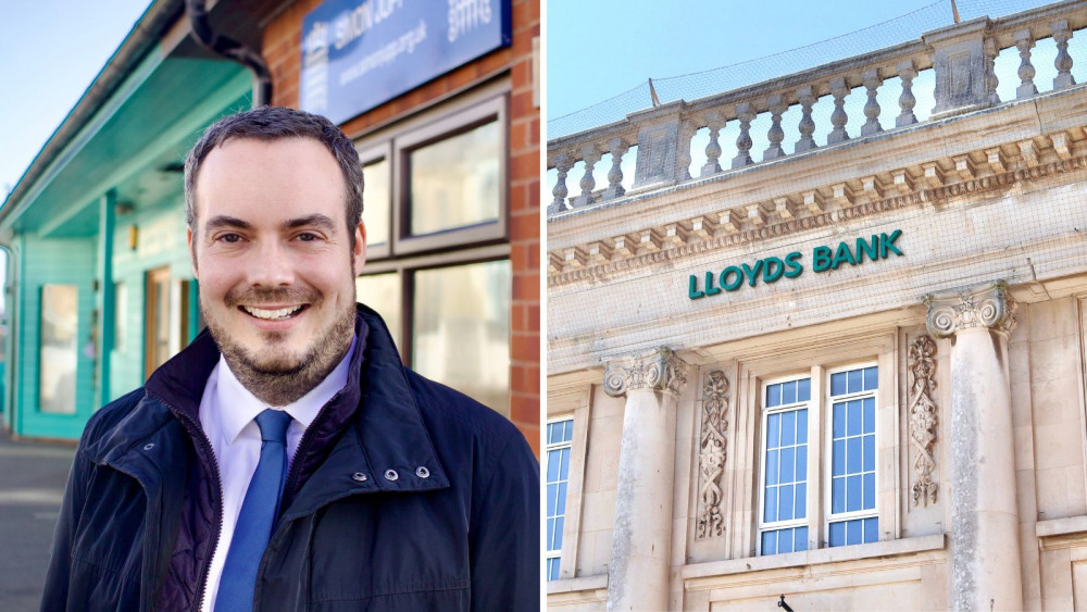 L: Simon Jupp MP. R: Lloyds Bank, Sidmouth (Nub News/ Will Goddard)