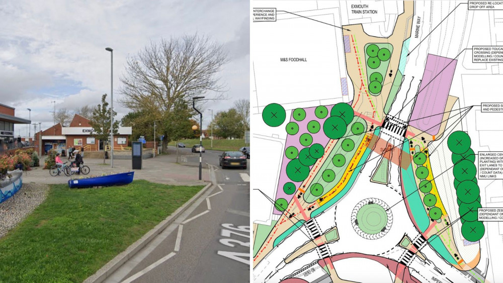 L: Exmouth railway station (Google). R: Part of a map showing initial proposals around Exmouth railway station (DCC/ WSP UK Ltd)