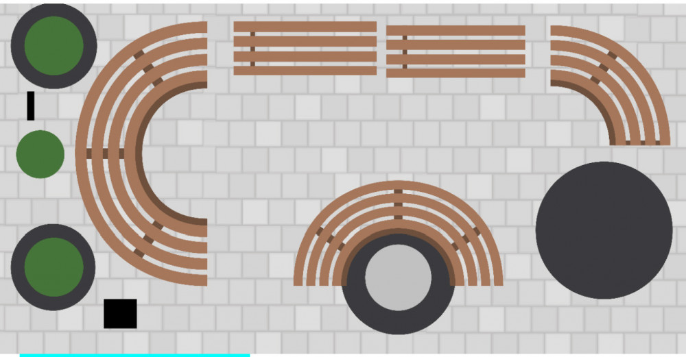 One idea includes trees in planters (left), seating, including around the Town Pump (centre) and a performance area, to the right. One idea includes trees in planters (left), seating, including around the Town Pump (centre) and a performance area, to the right.
