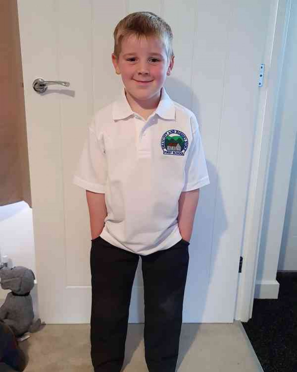 Hamish from Draycott and Rodney Stoke School setting off on his first day