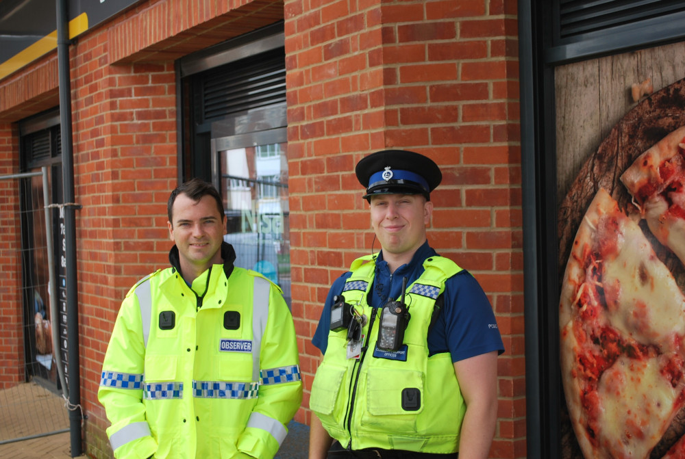 Lewis Cocking and PCSO James Cruickshank visited Hitchin Police station. CREDIT: Herts Police 