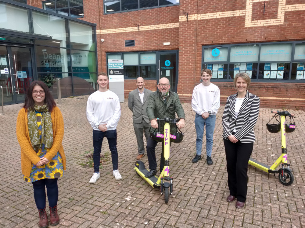 Councillor Peter Pilkington (Front Centre) At The Launch Of The Zipp Mobility E Scooter Trial In Taunton Councillor Peter Pilkington (Front Centre) At The Launch Of The Zipp Mobility E Scooter Trial In Taunton