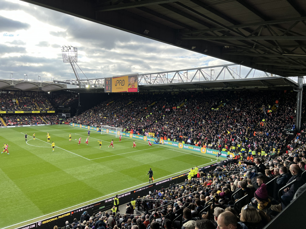 Stevenage host Watford at the Lamex on Tuesday night in an eagerly-awaited Hertfordshire derby as Police reveal arrests for football hooliganism in and around the Hornet's home ground Vicarage Road last season (pictured) as they say: Don’t kick off and get a criminal record. CREDIT: @laythy29 