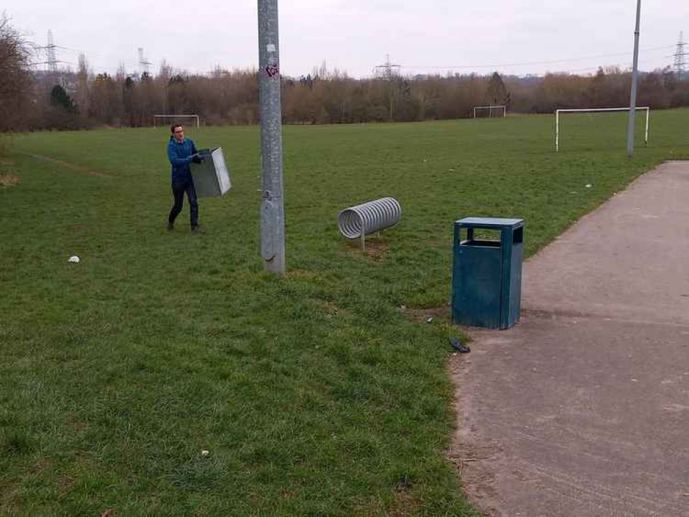 Patrick righting an errant bin on Saltworks Playing Fields. Image: Frodsham Ward Lib Dems Patrick righting an errant bin on Saltworks Playing Fields. Image: Frodsham Ward Lib Dems