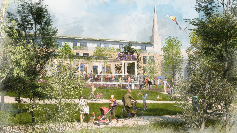 Artist\'s Impression Of The Planned Cafe And Playground Within The Riverside Park In The Saxonvale Site. CREDIT: Acorn Property Group. Free to use for all BBC wire