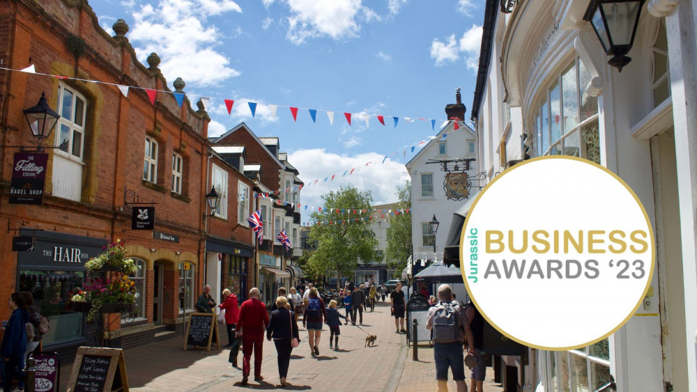 Old Fore Street, Sidmouth (Nub News). Inset: Logo (Jurassic Business Awards 2023)