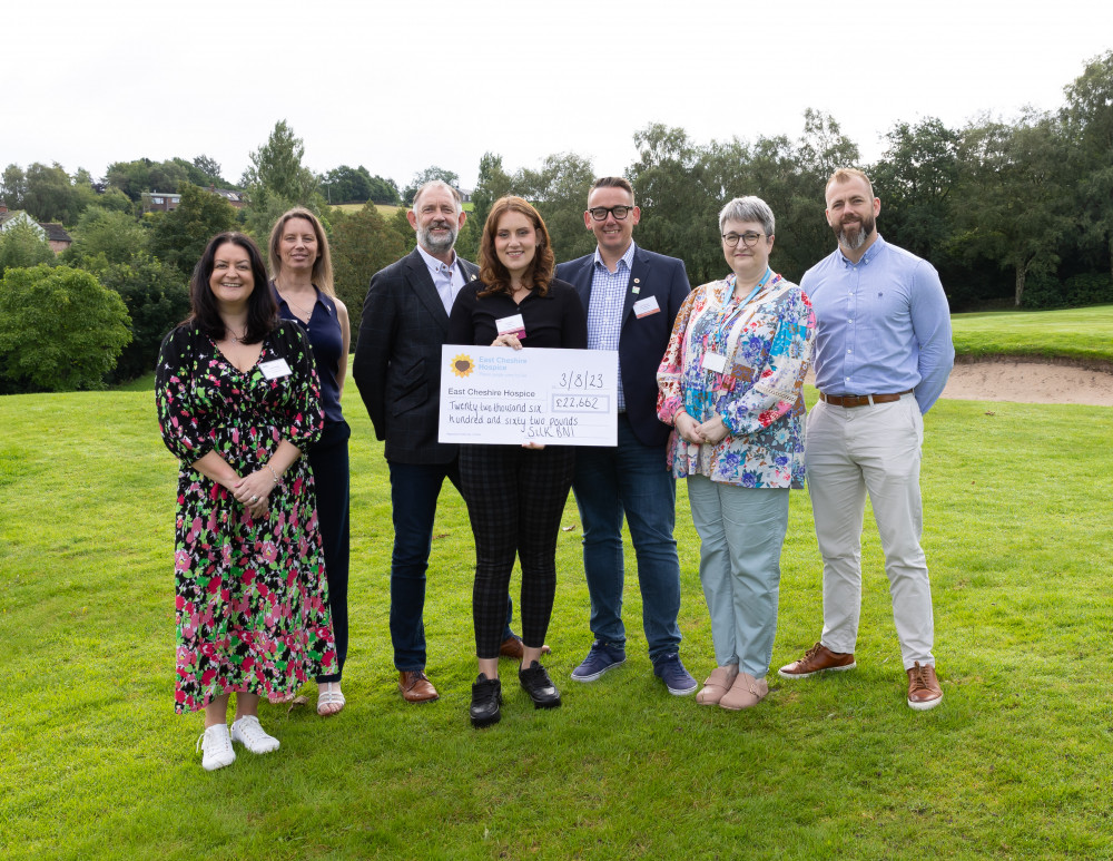 Lian Findler, Angela Highton, Kevin Cook, Lee Shore and Joe Etherington from BNI Silk with Lisa Ball, ECH Corporate Fundraising Manager (centre with cheque) and Rachel Allcock, ECH Income Generation Director (on the right)