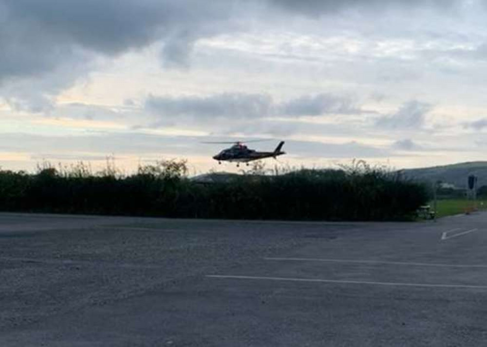 Ridley Scott's helicopter takes off from Winchester Farm in Cheddar this afternoon