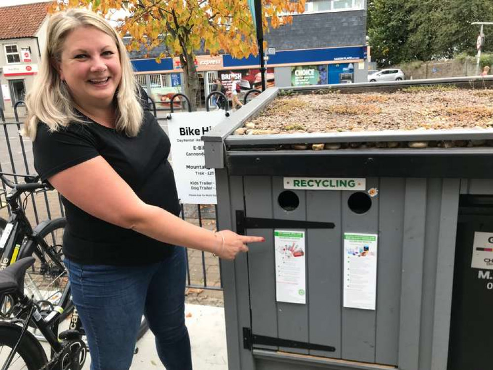 Extra Mile Printing's Beccy Lloyd with the public recycling collection point