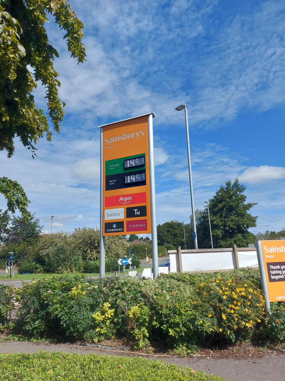 Pump prices at Sainsbury's last week in Frome - just shy of £1.50