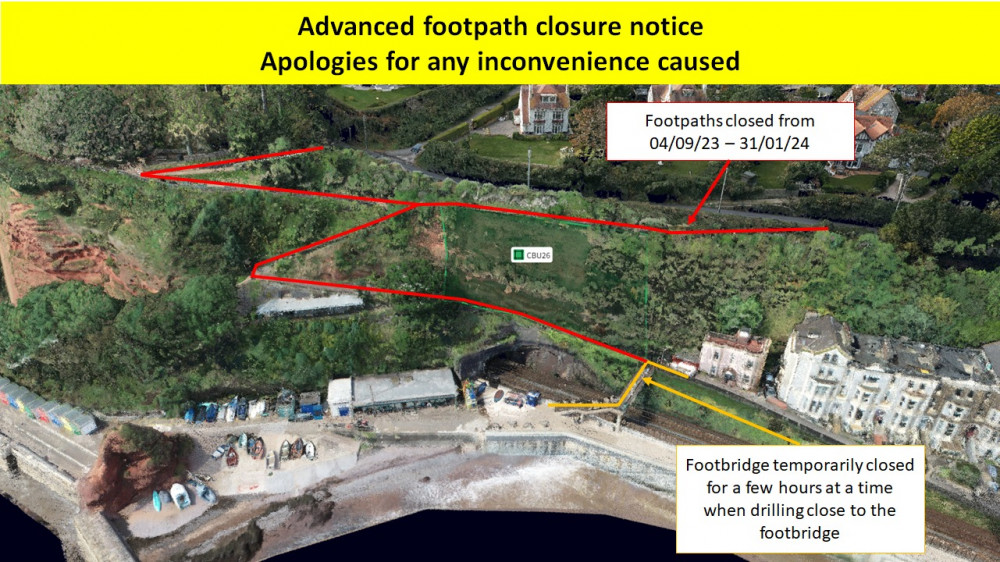 Map showing Dawlish footpath closures (Network Rail)