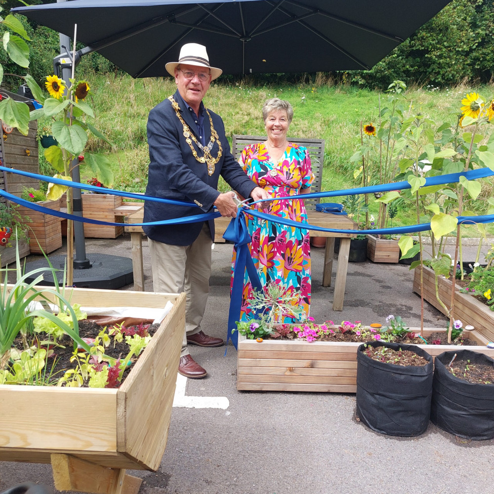 The Mayor and Mayoress of Bridport, Cllr Dave and Bridget Bolwell, open the new garden area at Bridport Connect