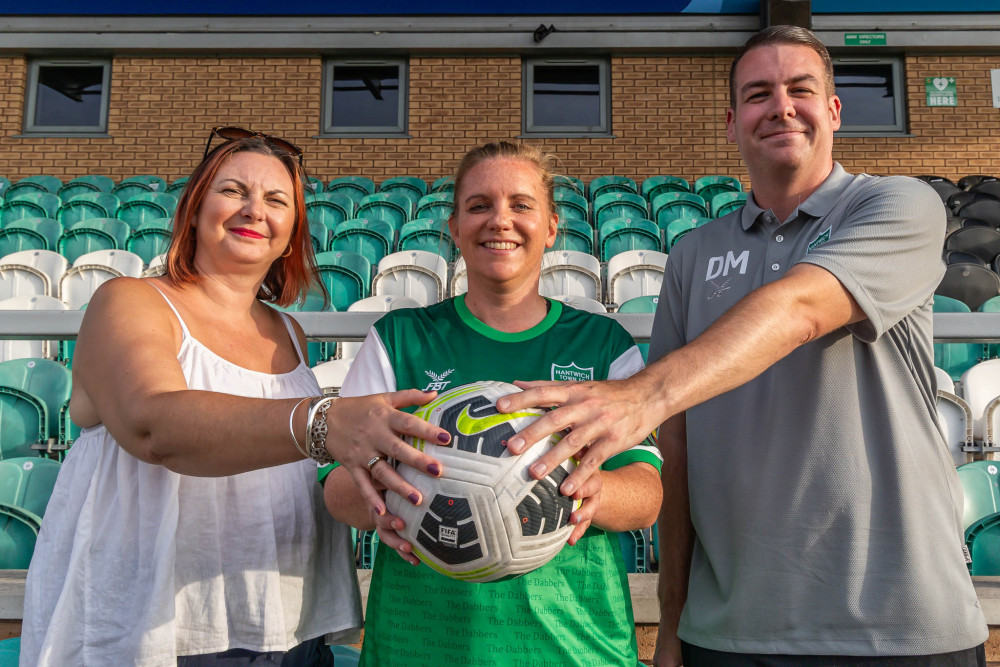 Crewe PE teacher Becky Davies (centre) with Motherwell Cheshire founder Kate Blakemore and  Nantwich Town FC Ladies manager Dan Mellor (right). 