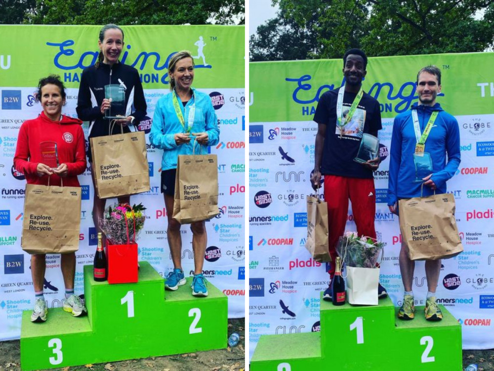 The winners of the Ealing Half Marathon 2023 stand on the podium and receive their awards (credit: Ealing Half Marathon/Facebook). 