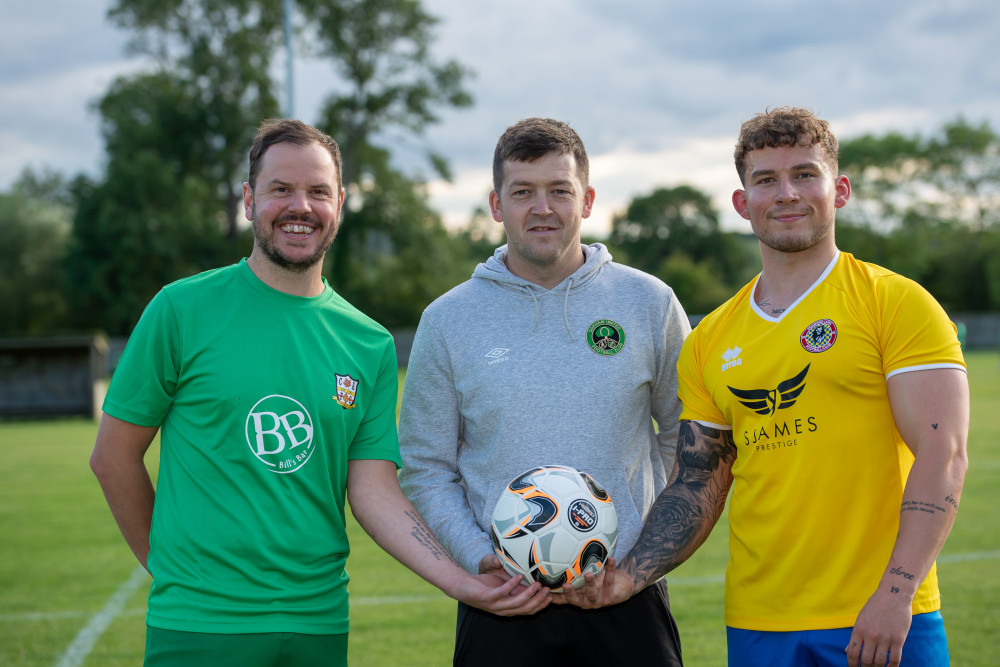 Winning captain Aaron Ridout from Cottesmore AFC with Stewart Lambie and Stamford Lions skipper Ben Phil before the final of the Rutland Cup. Image credit: Bellway. Winning captain Aaron Ridout from Cottesmore AFC with Stewart Lambie and Stamford Lions skipper Ben Phil before the final of the Rutland Cup. Image credit: Bellway.