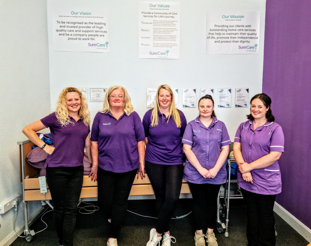 From left to right: SureCare Central Cheshire directors Tina Jones and Kirstie Hercules, team leader, Sarah Castelow, care co-ordinator, Jessica Butroid and quality assurance and compliance officer, Ashleigh Jackson (Ryan Parker).