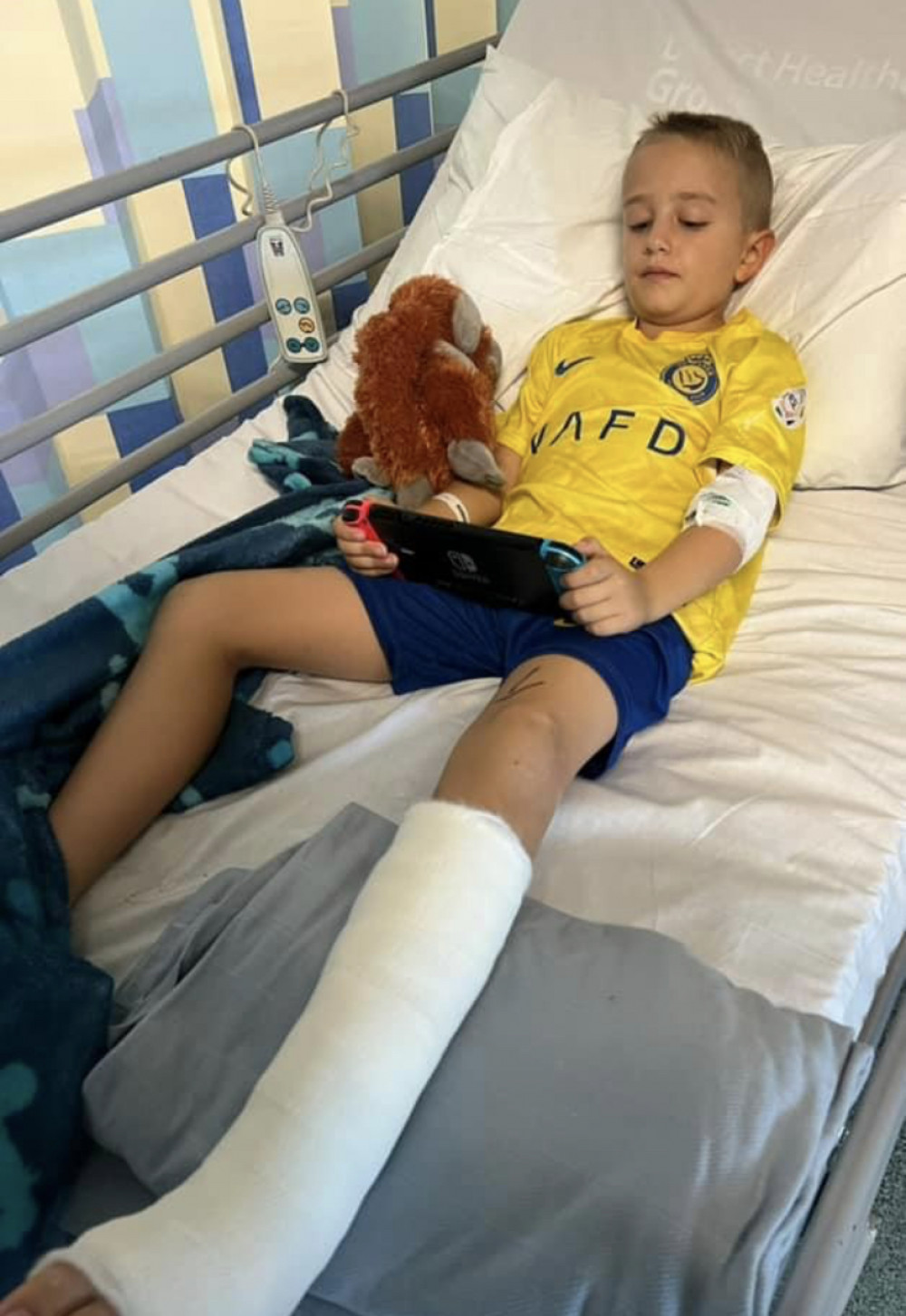 Kienan in hospital in his Corringham kit today